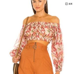 Lovers + Friends Floral Off-Shoulder Bosworth Crop Top in Blush and Coral